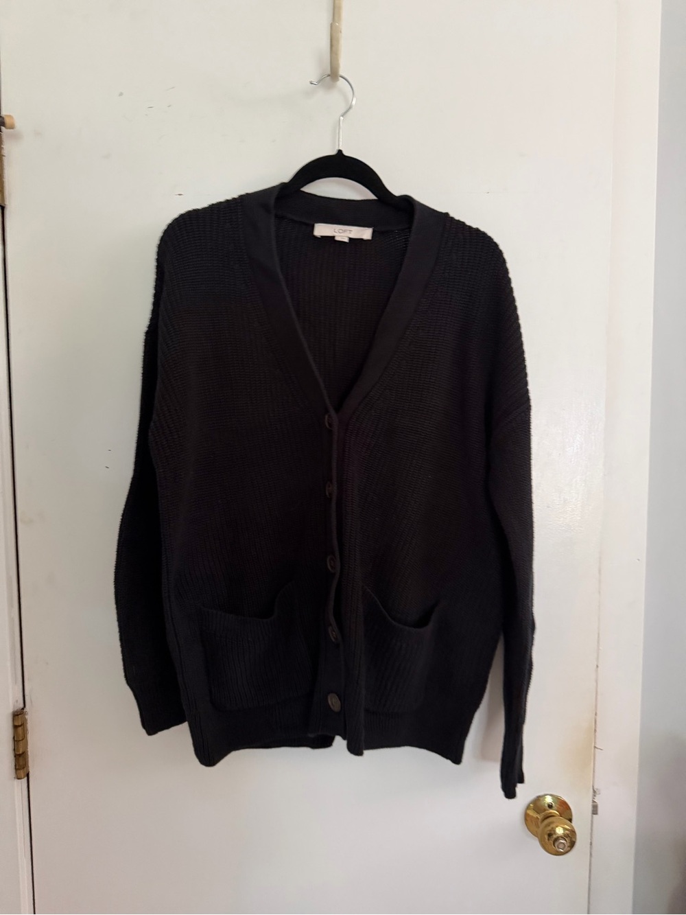 LOFT Black Relaxed Button-Up Knit Cardigan | Large